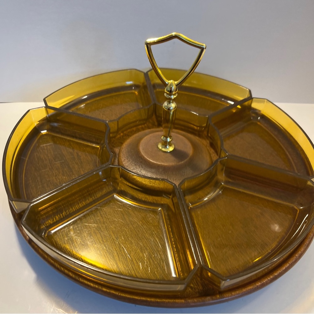 1960’s Lazy Susan Faux Wood Amber Acryllic, 14”